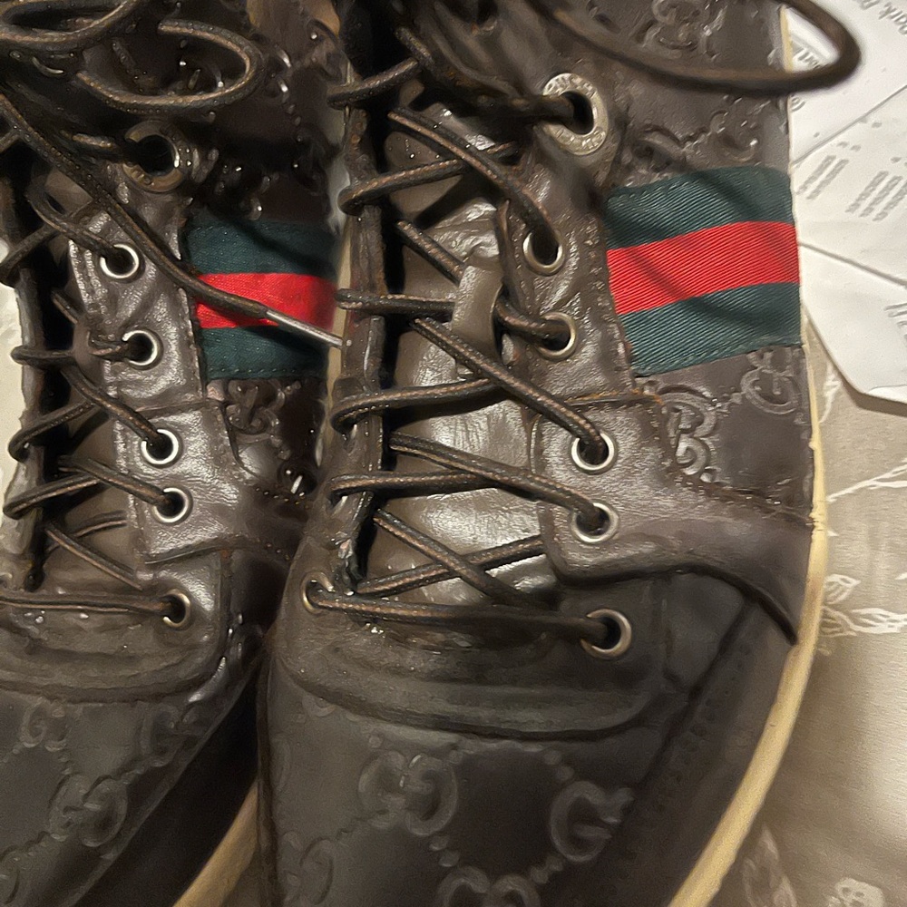 Gucci Brown Leather High-Top Boots with Red & Green Stripe - Picture 6 of 14